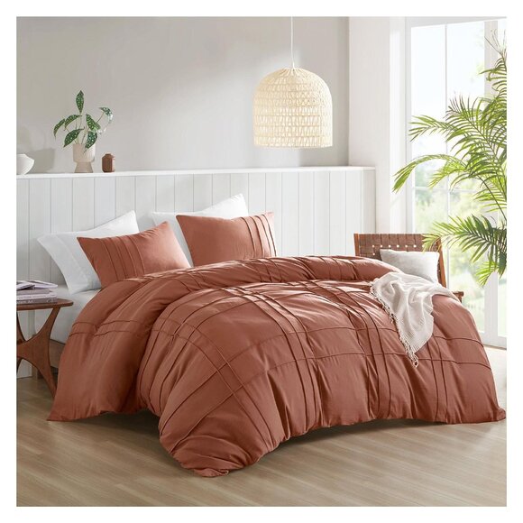 NEW 510 Design Soft Wash Pleated 3-Piece Duvet Cover Set Clay Orange Queen - Picture 2 of 7